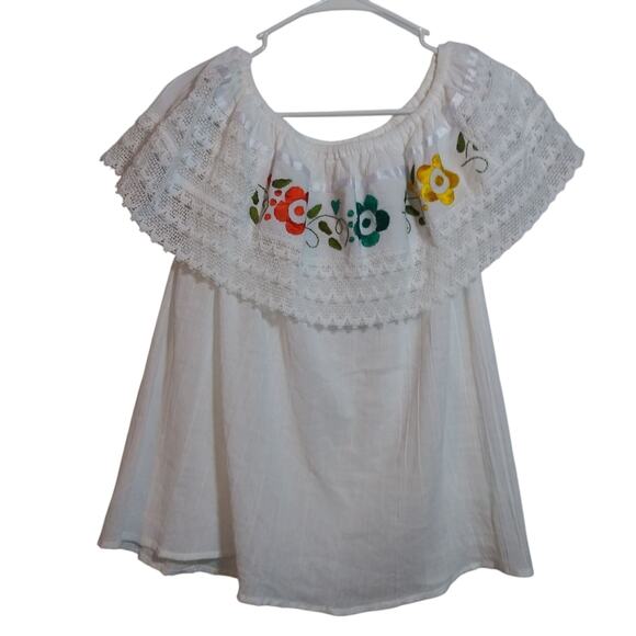 White Off-Shoulder Retro Top with Floral Embroidery Cotton Boho Size L - Picture 1 of 11